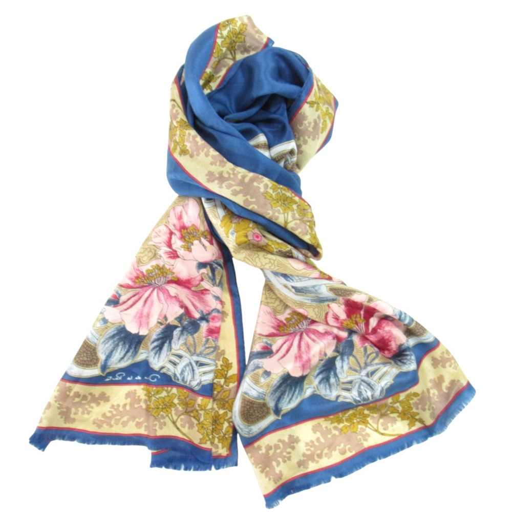 OSCAR DE LA RENTA 100% SILK Floral Artwork FRAYED HEM Rectangle SCARF/NECK TIE